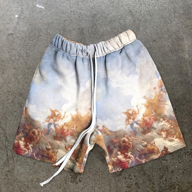 Retro oil painting print casual shorts