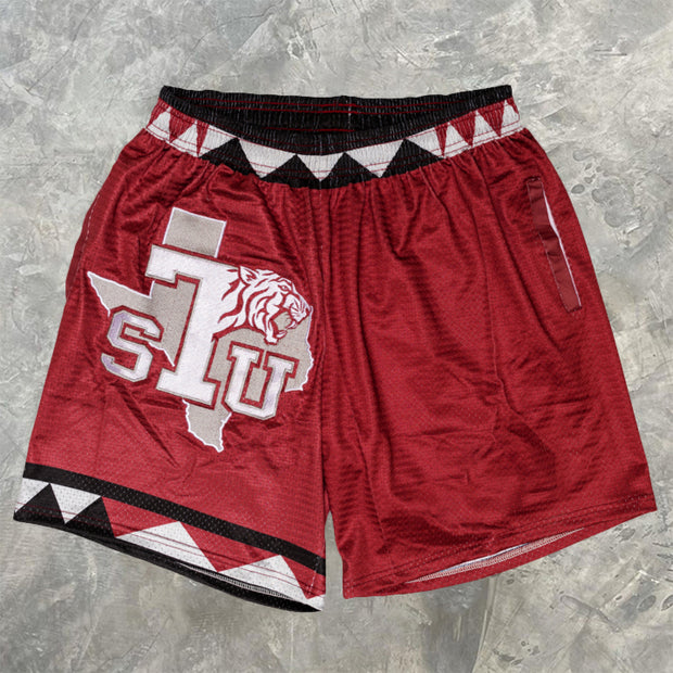 Red casual sports mesh breathable printed shorts