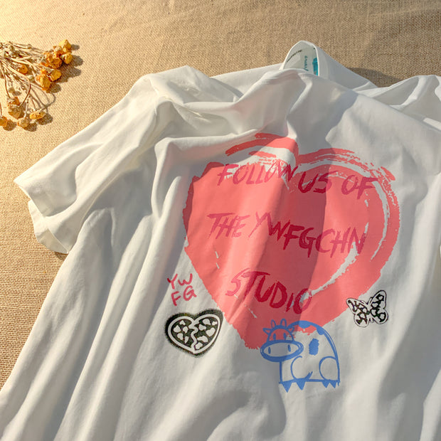 Trendy love element graffiti print short-sleeved T-shirt