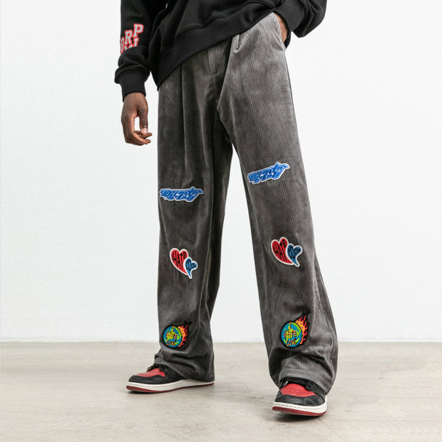 Personalized pattern printed corduroy casual trousers