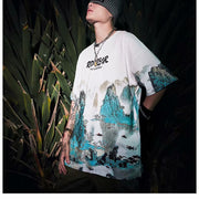 Guofeng landscape printing short-sleeved T-shirt loose trend couple outfit