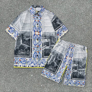 Printed Landscape Vintage Loose Shorts Shirt Set