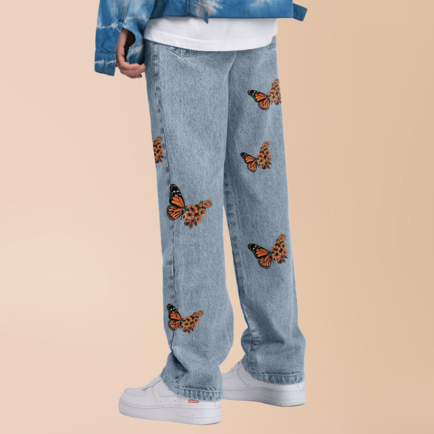 Butterfly print simple straight-leg jeans