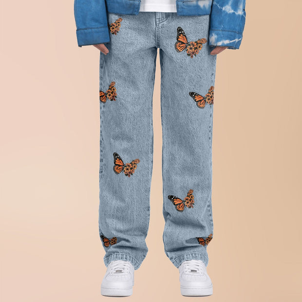 Butterfly print simple straight-leg jeans