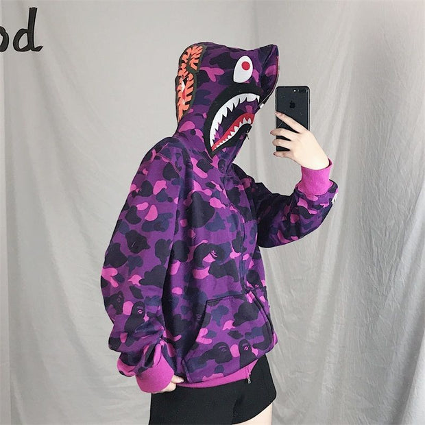 Street shark camouflage loose cardigan couple zipper hooded sweater