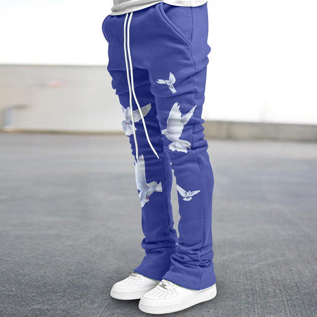 Artistic dove print slim-fit flared trousers