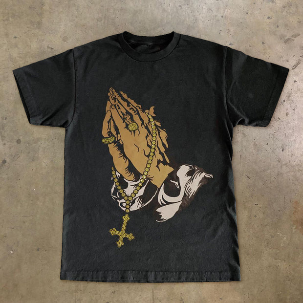 Personalized street style black prayer short-sleeved T-shirt