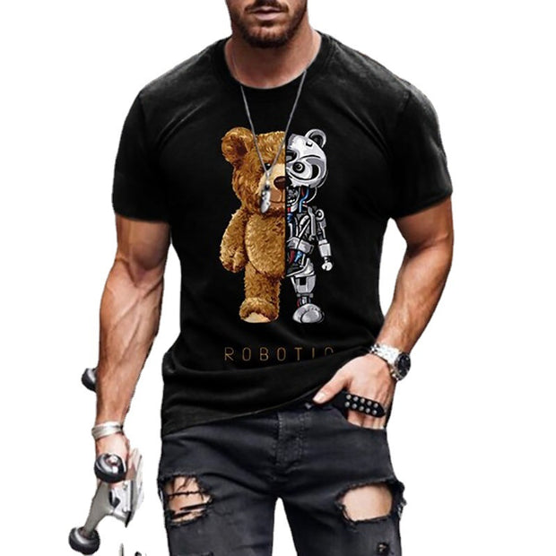 Teddy bear fashion collarless black t-shirt short sleeve men