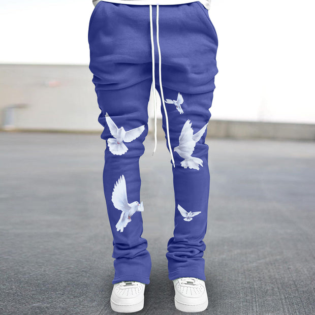Artistic dove print slim-fit flared trousers