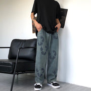Retro loose graffiti print jeans loose straight wash trousers