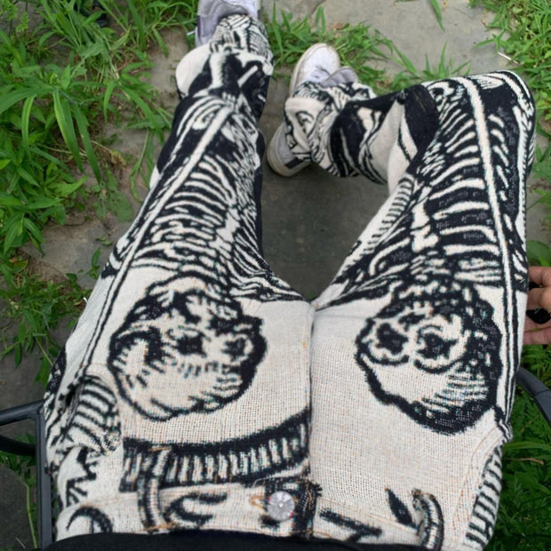 Outdoor casual straight-through skull print retro trousers