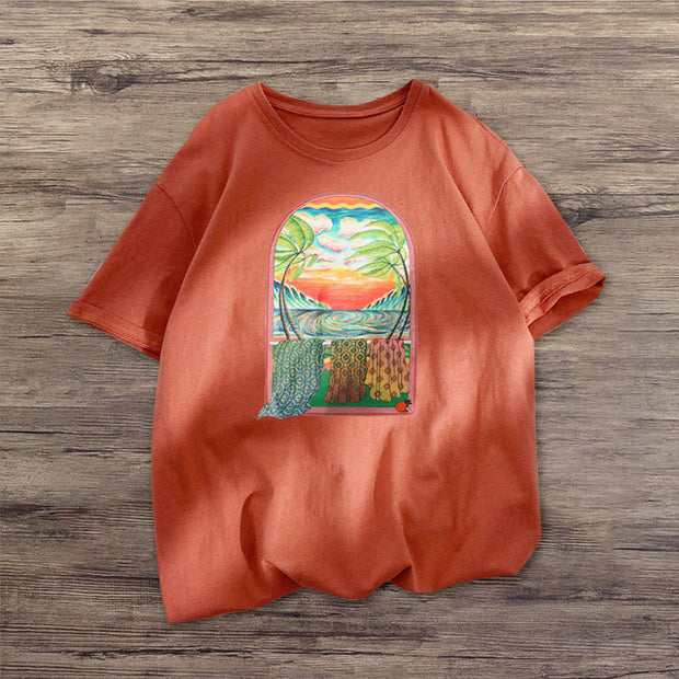 Art Print Orange Loose Short Sleeve T-Shirt