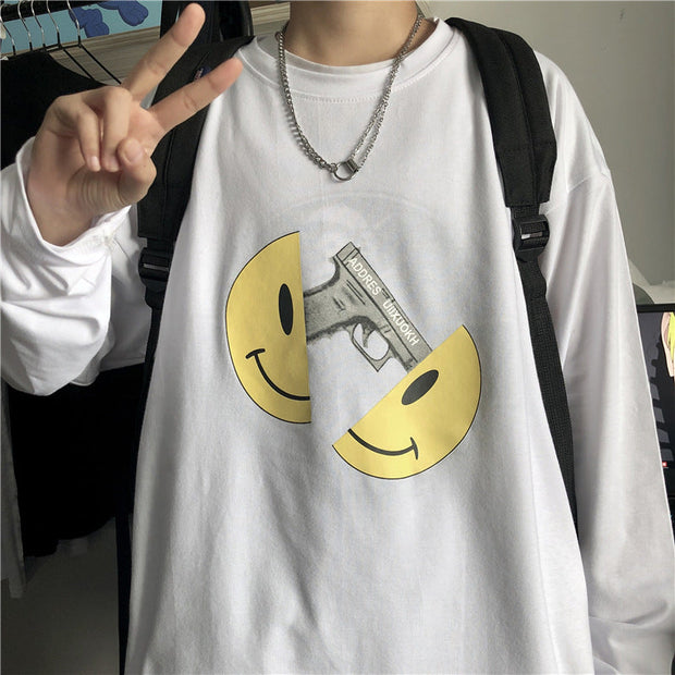 Retro smiley pistol print loose long sleeve T-shirt