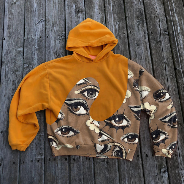 Colorblock irregular print retro hooded sweatshirt