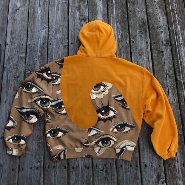 Colorblock irregular print retro hooded sweatshirt