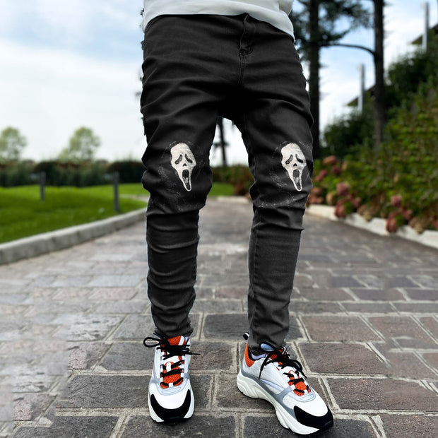 Skull pattern street style slim-fit jeans trousers