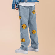Emoji print street style straight-leg jeans