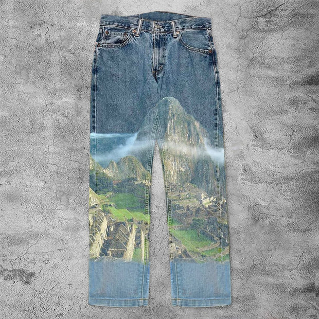 Casual landscape print jeans