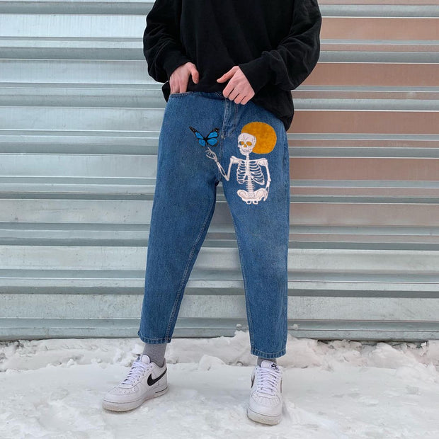 Hip-hop street style skull print casual denim trousers