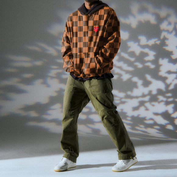 Checkerboard trend print street hip-hop stitching hoodie