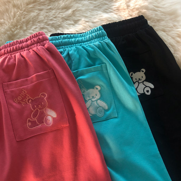 Embroidered cute bear loose sports five-point pants
