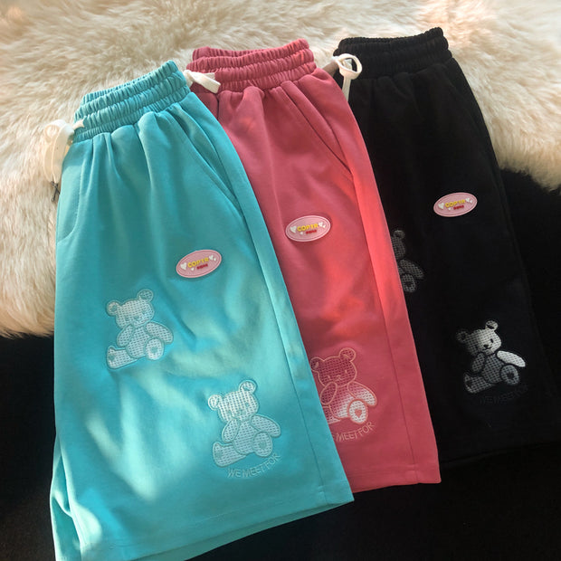 Embroidered cute bear loose sports five-point pants