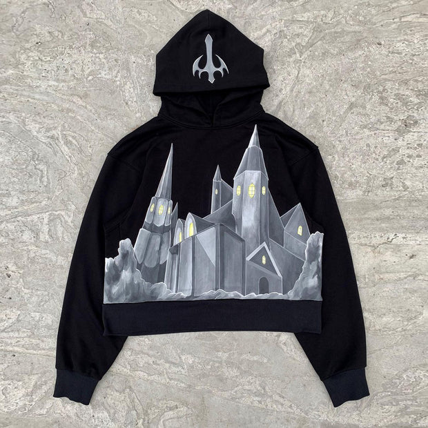 Personalized street style castle print long-sleeved hoodie