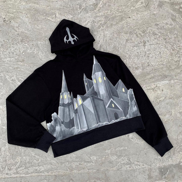 Personalized street style castle print long-sleeved hoodie