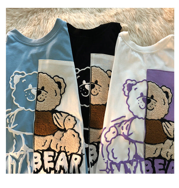 Jew4room Flocking Embroidered Bear Short Sleeve T-shirt
