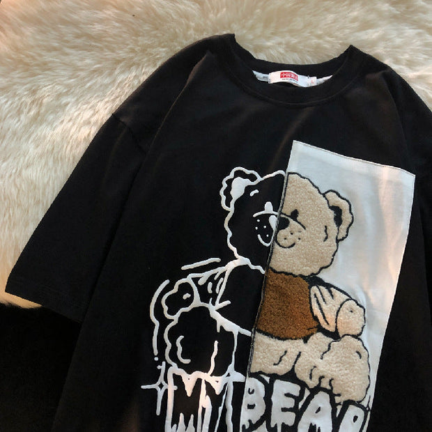 Jew4room Flocking Embroidered Bear Short Sleeve T-shirt