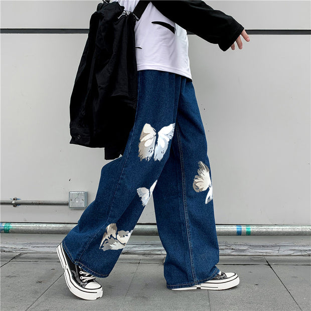 Casual hip-hop butterfly print street shot denim trousers