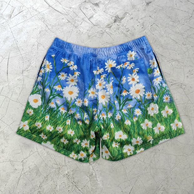 Ombre Flower Pattern Casual Mesh Shorts