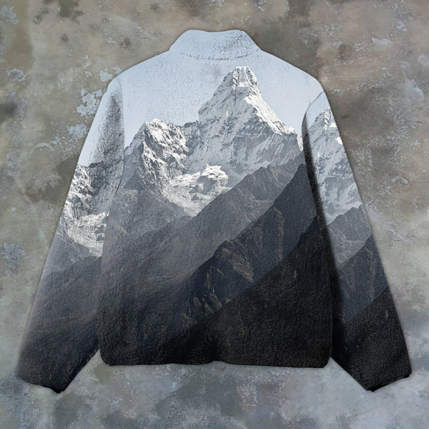 Casual retro snow mountain print warm cardigan men's plush jacket