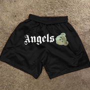 Angel Print Vintage Mesh Track Shorts