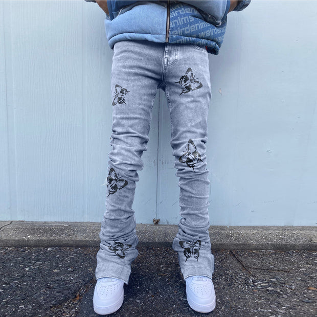 Skull Butterfly Print Slim Fit Stacked Jeans