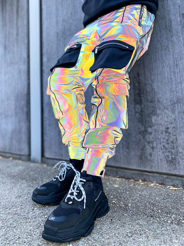Street style personality reflective overalls trousers men