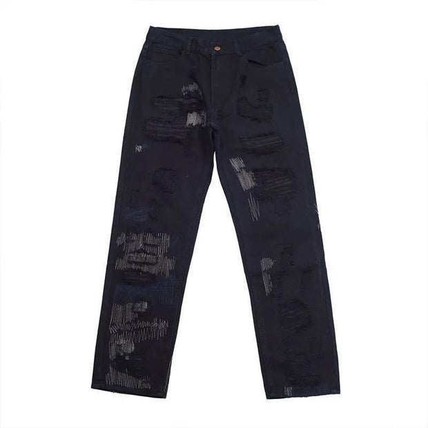 American heavy industry jeans male high street destruction embroidery knife cut hole loose wide-leg pants