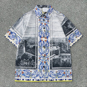 Printed Landscape Vintage Loose Shorts Shirt Set