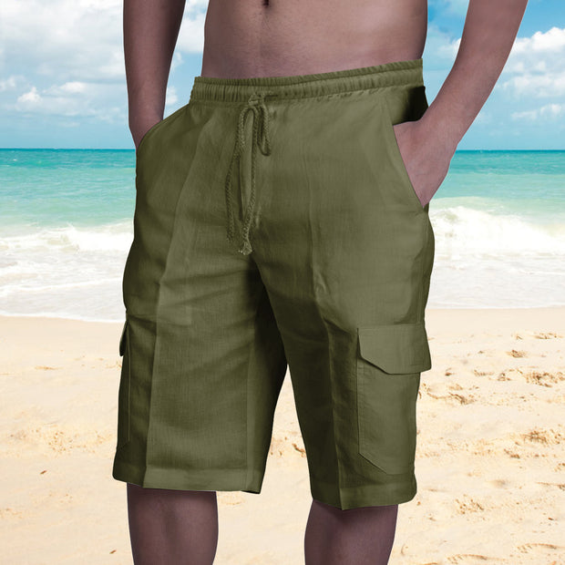 Linen Shorts Multi Pocket Tie Men's Beach Cargo Pants