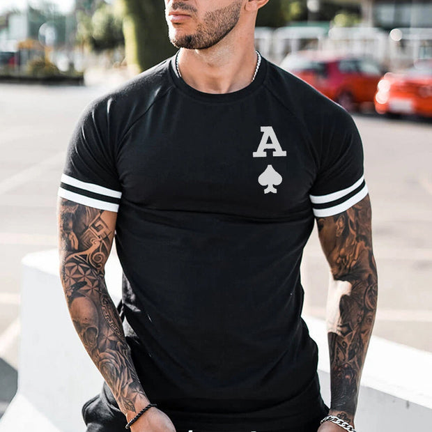 Poker A Breathable Printing Shoulder Sleeve Colorblock Men's T-shirt Top