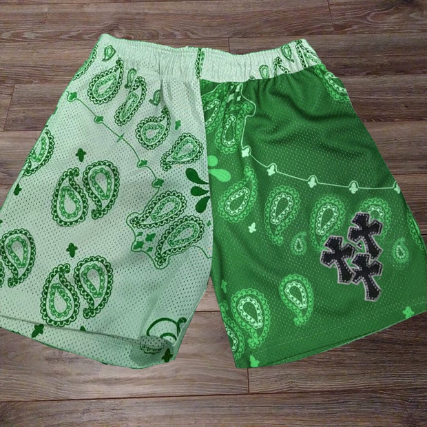 Stitching fashion green cross cashew shorts