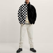 Checkerboard fashion print stitching contrast color lamb velvet jacket