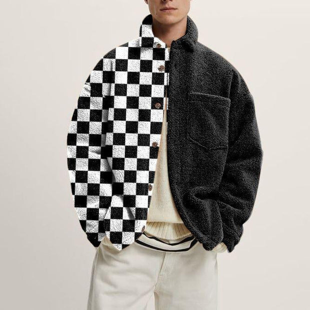 Checkerboard fashion print stitching contrast color lamb velvet jacket