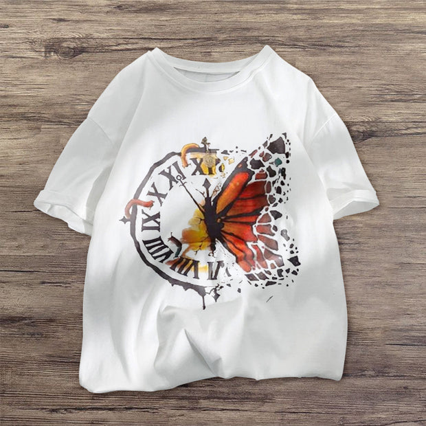 Letter Print European and American Butterfly Print Loose Short Sleeve T-Shirt
