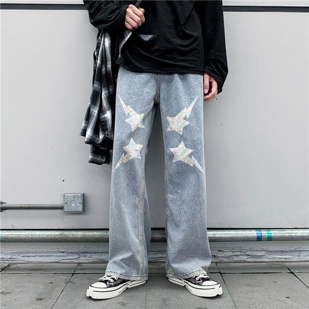 Hip-hop fashion print casual street style denim trousers