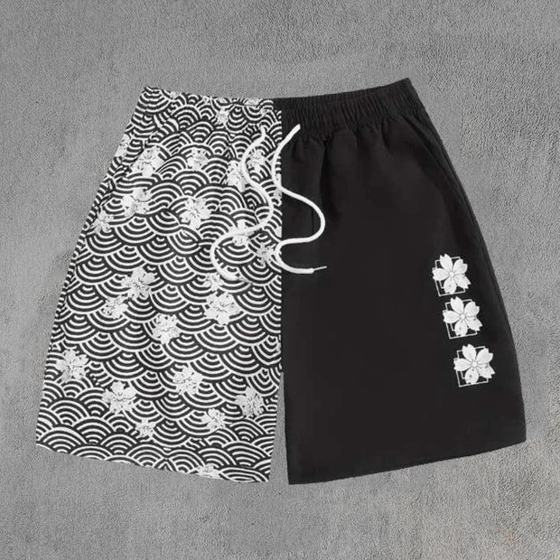 Paneled Floral Print Drawstring Shorts