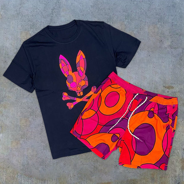 Fashion Personality Rabbit Abstract Shorts Set