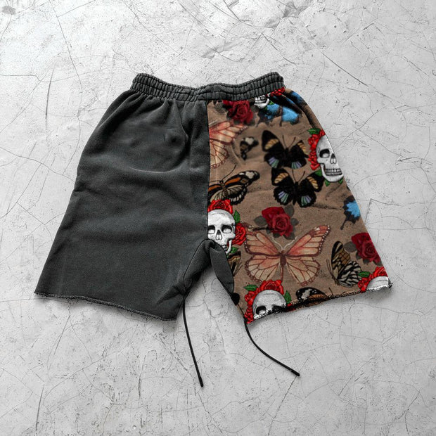 Skull butterfly print patchwork casual shorts