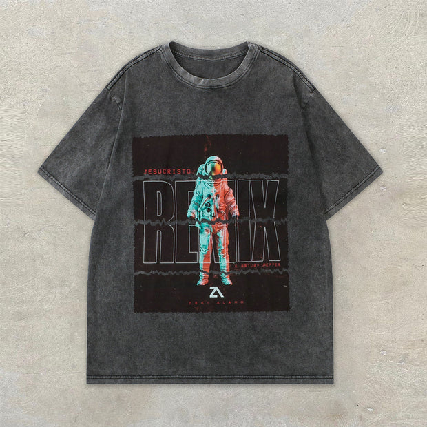 Vintage wash and distressed spaceman print T-shirt