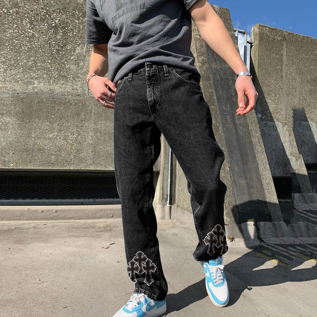 Street casual cross print straight-leg jeans